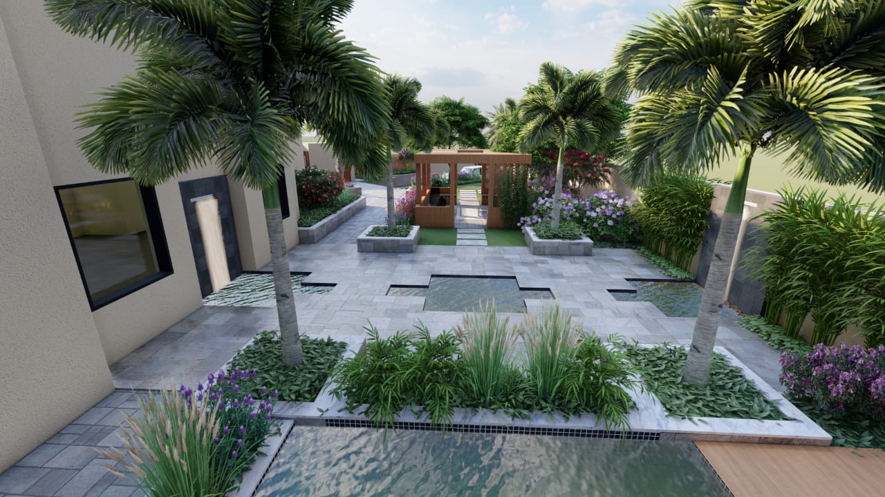 Stone pathways and courtyard landscape design concept