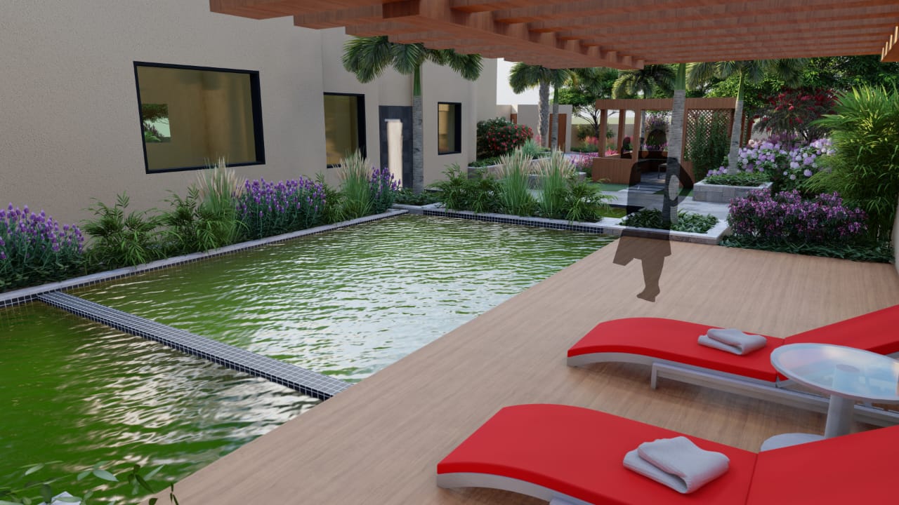 Poolside landscape with deck seating and garden layers