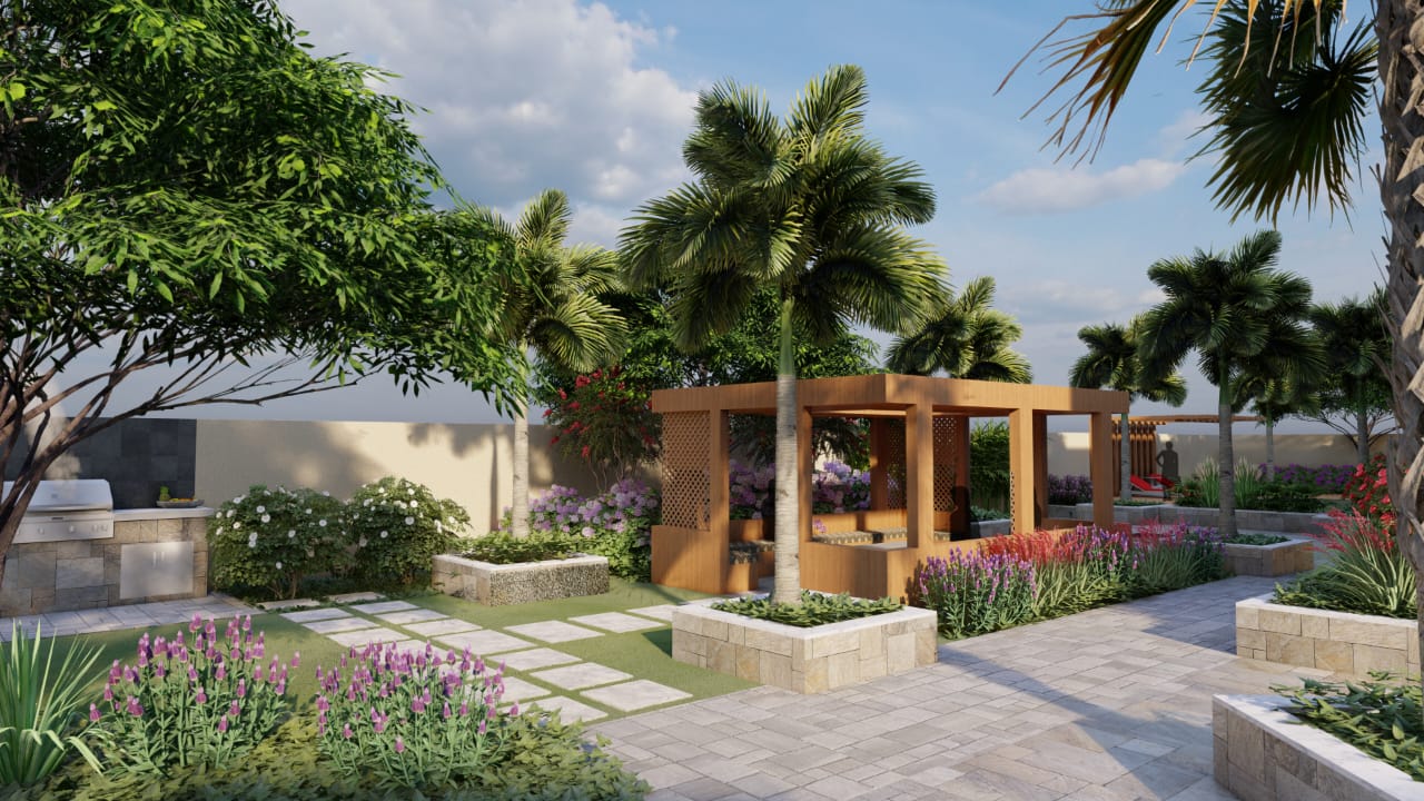 Outdoor courtyard landscaping with pergola and palms